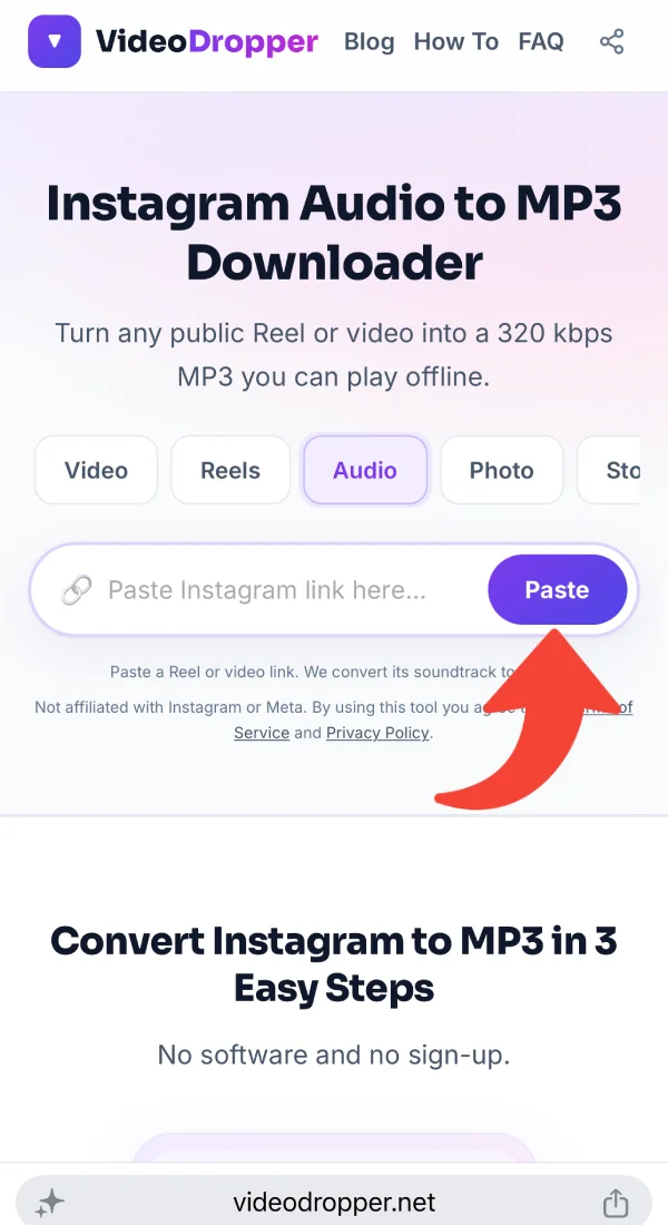 Pasting the link and previewing the audio