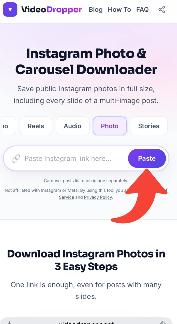 Pasting a photo post link into the box