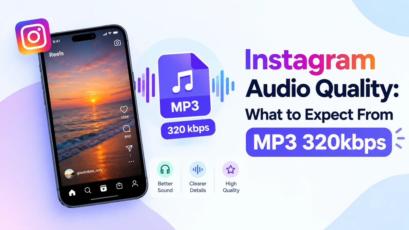 Phone showing an Instagram reel next to headphones and a downloaded MP3 file in a file list.