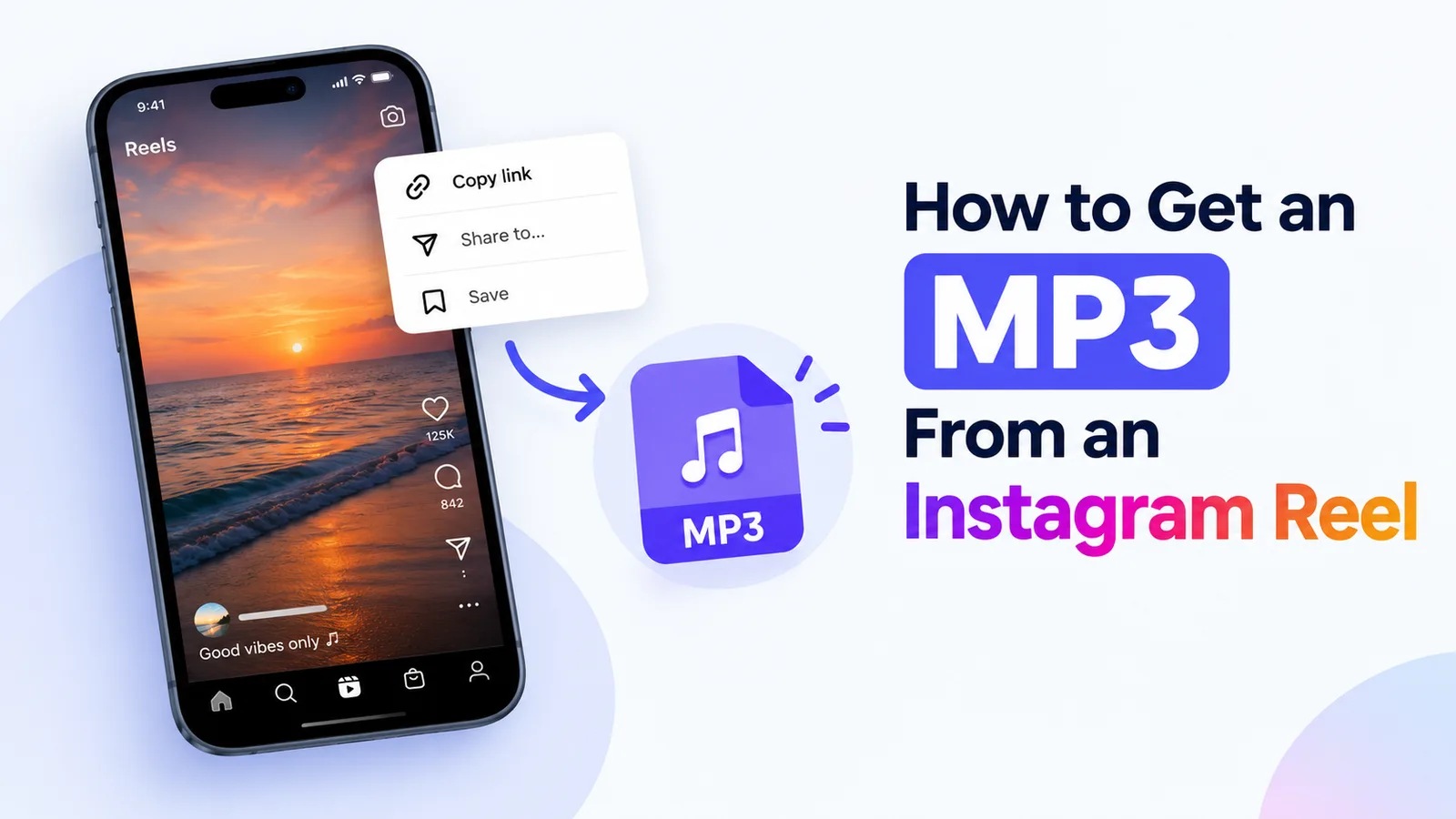 Phone screen showing an Instagram reel link pasted into the VideoDropper audio tool before an MP3 download.