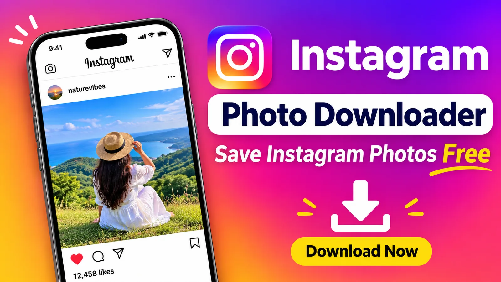 Phone showing an Instagram post link pasted into an Instagram photo downloader before saving the image